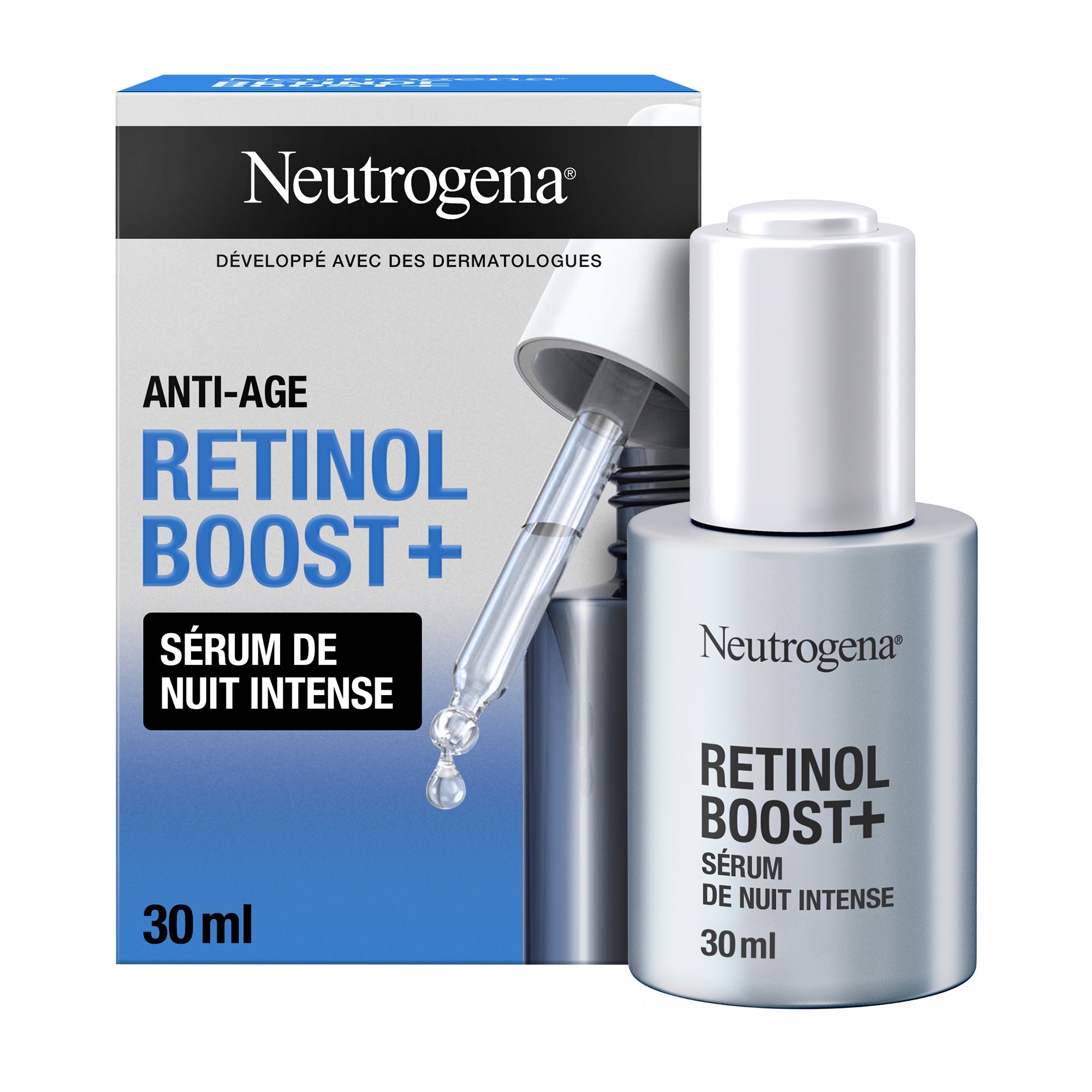 Neutrogena | Sérum de Nuit Intense Anti-Âge Retinol Boost+ (flacon de 30 ml avec pipette) – Sérum anti-âge nourrissant au rétinol – Soin du visage pour aider à réduire l'apparence des rides même profondes