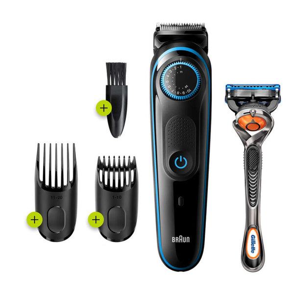 Beard Trimmer 5 for Face & Hair, Black/Blue with Precision Dial + Gillette Fusion5 ProGlide Razor