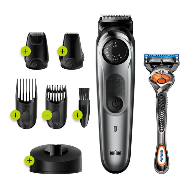 Beard Trimmer 7 for Face and Hair, Black/Grey with Precision Dial + Gillette Fusion5 ProGlide razor