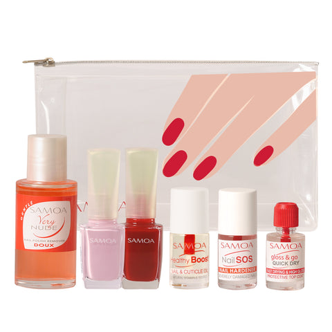 Samoa, Pack Mindful Nails: Amore mio Nail polishes ( 125 “hot tropis” & 126 “innocent”)  + Healthy boost cuticle oil + Nail SOS hardener  + Gloss & go top coat  + Doux nail polish remover 50ml + Eva Nails Pouch (Gift)