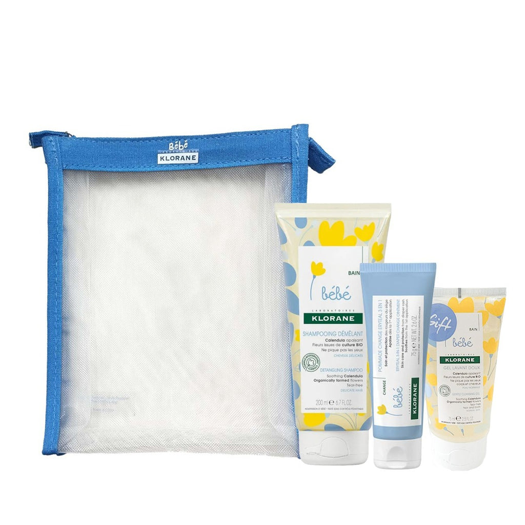 Klorane Baby Bath Kit: Erytheal Diaper Change Ointment 75G + Detangling Shampoo 200ML + Gel Lavant 75ML (Gift) + Mini Bag (Gift)