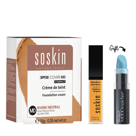 Soskin Brightness Lip Repair (Restorative Range) + Foundation Cream SPF30 Warm Neutral  + Mood Matcher Lipstick GIFT