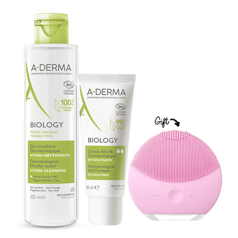 Aderma Biology Dermatological Micellar Water Hydra-Cleansing 400ml + A-Derma Biology Hydrating Rich Cream 40ml +Brush GIFT