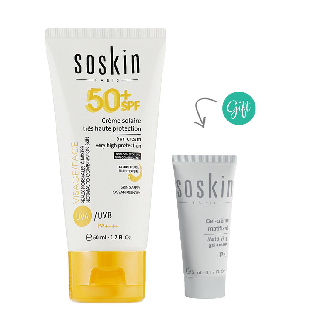 Soskin Sunscreen Fluid SPF 50+ + Mattifying Gel Cream 5ml (Gift)