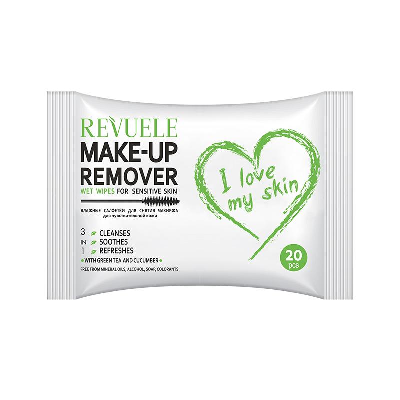 Revuele Wet Wipes Make-up Remover I Love My Skin for Sensitive Skin With Green Tea and Cucumber, 20 Pcs Per Pack