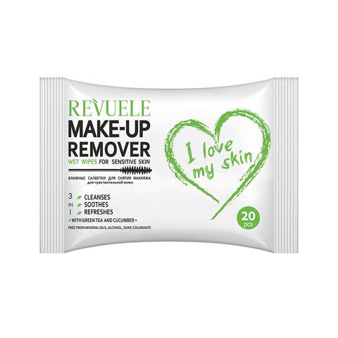 Revuele Wet Wipes Make-up Remover I Love My Skin for Sensitive Skin With Green Tea and Cucumber, 20 Pcs Per Pack